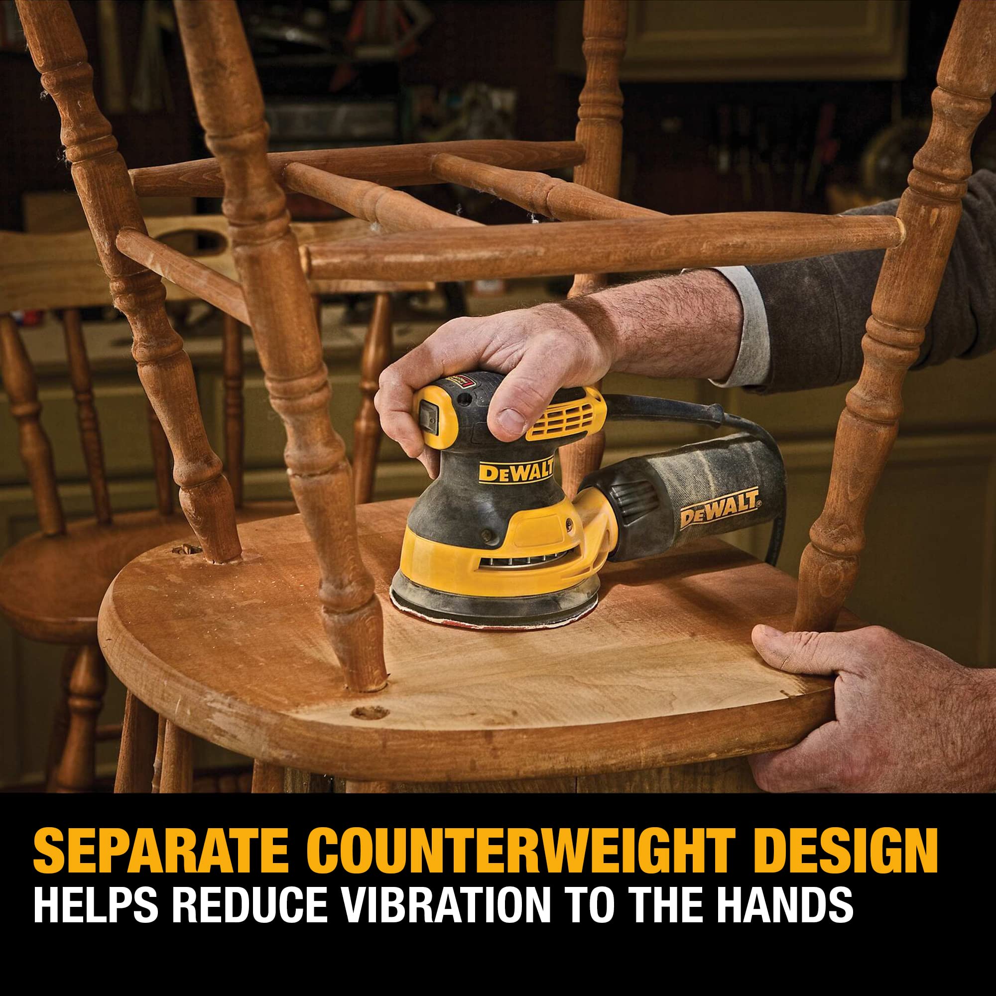 DEWALT 20V MAX Orbital Sander Kit, 5 inch, 3 amp, Corded, 12,000 OPM (DWE6421K), Yellow