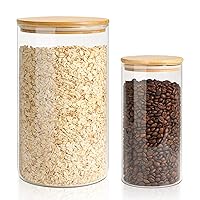 ComSaf Glass Food Storage Containers with Bamboo Lid (1.1Gallon/44oz), Glass Jar with Airtight Lid Clear Glass Food Canister Set of 2 for Dry food like Rice, Sugar, Flour, Pasta, Cereal, Beans, Nuts