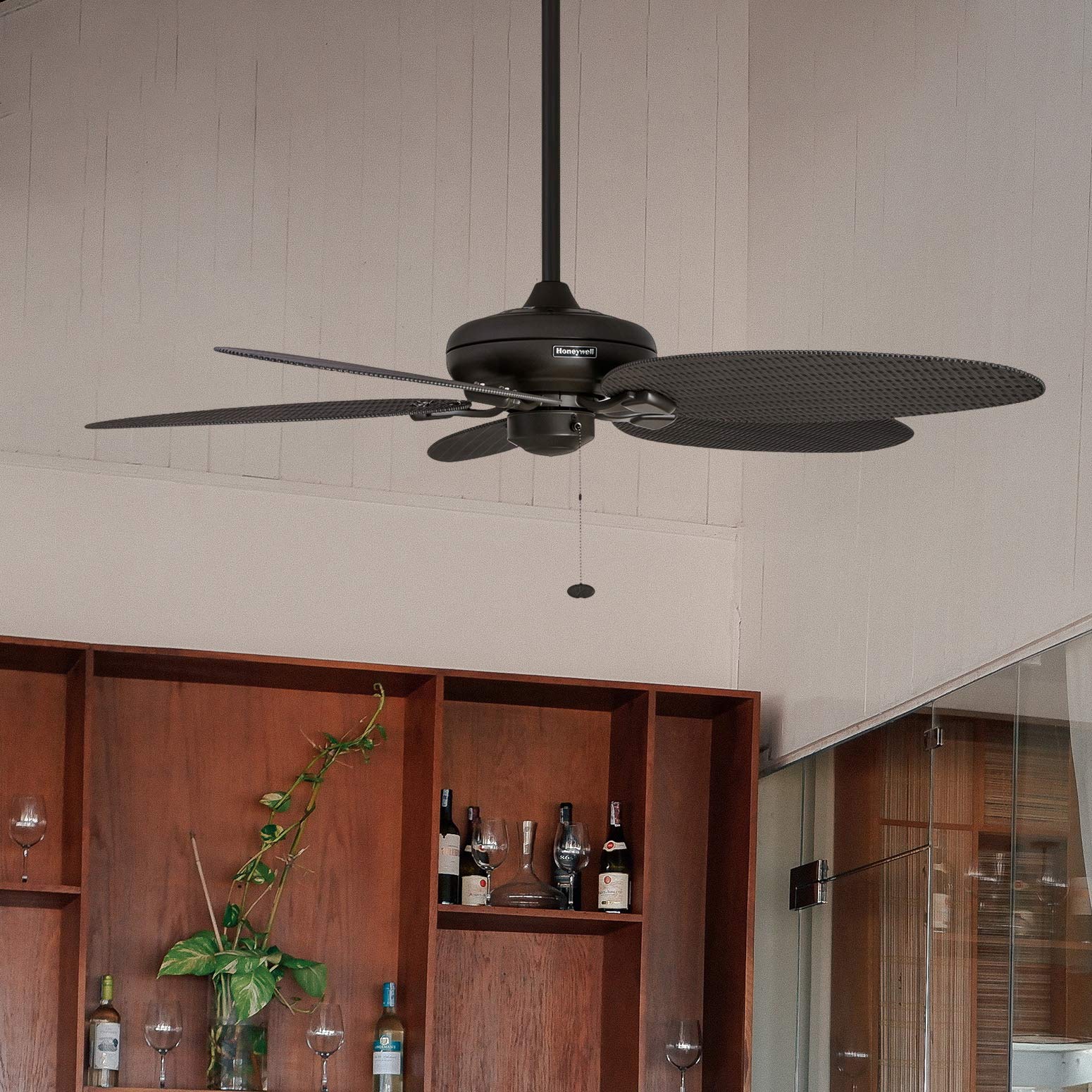 Honeywell Ceiling Fans Duval - 52-in Tri Mount Fan with Pull Chain - Indoor Outdoor Ceiling Fan - No Light - Damp Rated Tropical Room Fan with Wicker Style Blades - Model 50201 (Bronze)