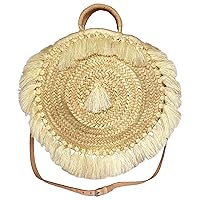 Round Woven Beach Tote Shoulder Bag with Tassels, One Size, Large