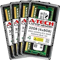 A-Tech RAM 32GB Kit (4x8GB) DDR3 1333 MHz PC3-10600 SODIMM - Laptop & All-in-One Computer Memory - CL9 2Rx8 1.5V 204-Pin SO-DIMM Non-ECC Unbuffered Upgrade Modules