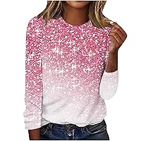 Sparkly Shirts for Women Casual Crewneck Fall Shimmer Glitter Tops Loose Fit Long Sleeve Shiny Graphic Dressy Blouses