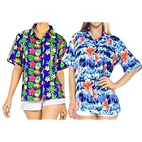 LA LEELA Women's Camp Hawaiian Blouse Shirt Button Down Up Beach Wear Work from Home Clothes Women Beach Shirt Blouse Shirt Combo Pack of 2 Size S