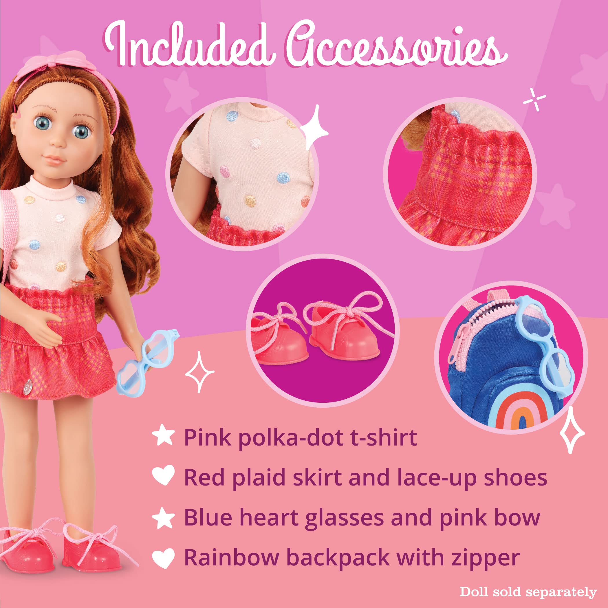 Glitter Girls – 14-Inch Doll Clothes – 7pcs School Outfit – Colorful Skirt & Accessories – Rainbow Backpack & Glasses – 3 Years + – A+ Fashion