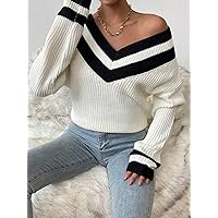 Women's Sweater Striped Trim Drop Shoulder Ribbed Knit Sweater Sweater for Women (Color : Beige, Size : Medium)