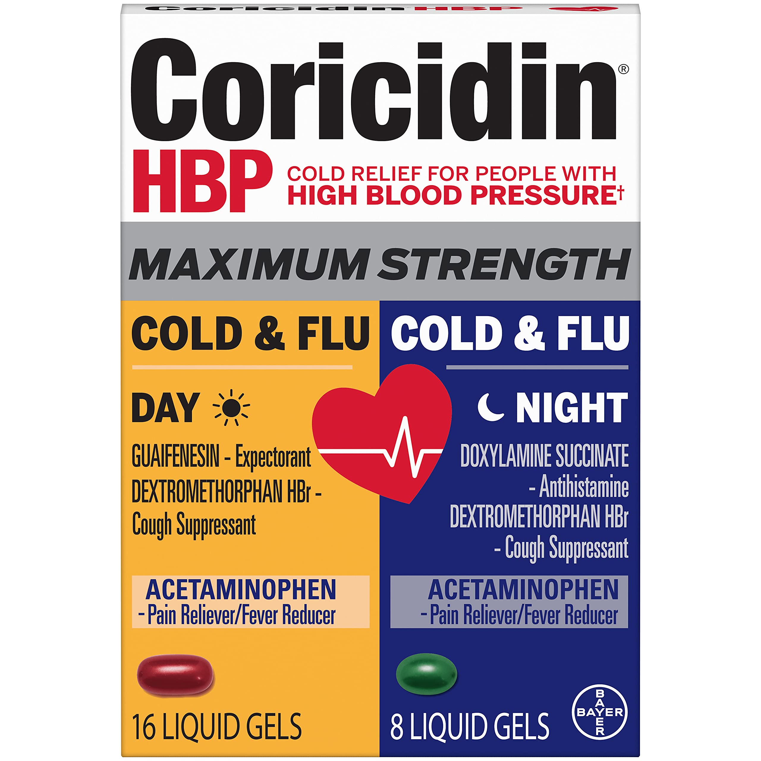 Coricidin Hbp, Decongestant-free Maximum Strength Cold & Flu Day+night Liquid Gels, 24 Count