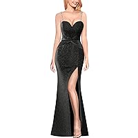 VFSHOW Womens Rhinestone Spaghetti Strap Prom Formal High Split Maxi Dress 2023 Sexy Sweetheart Neck Twist Front Evening Gown