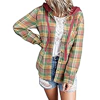 Ezcosplay Women Shacket Flannel Plaid Tops Long Sleeve Plaid Blouse Hood Button Down Casual Shirt Coat