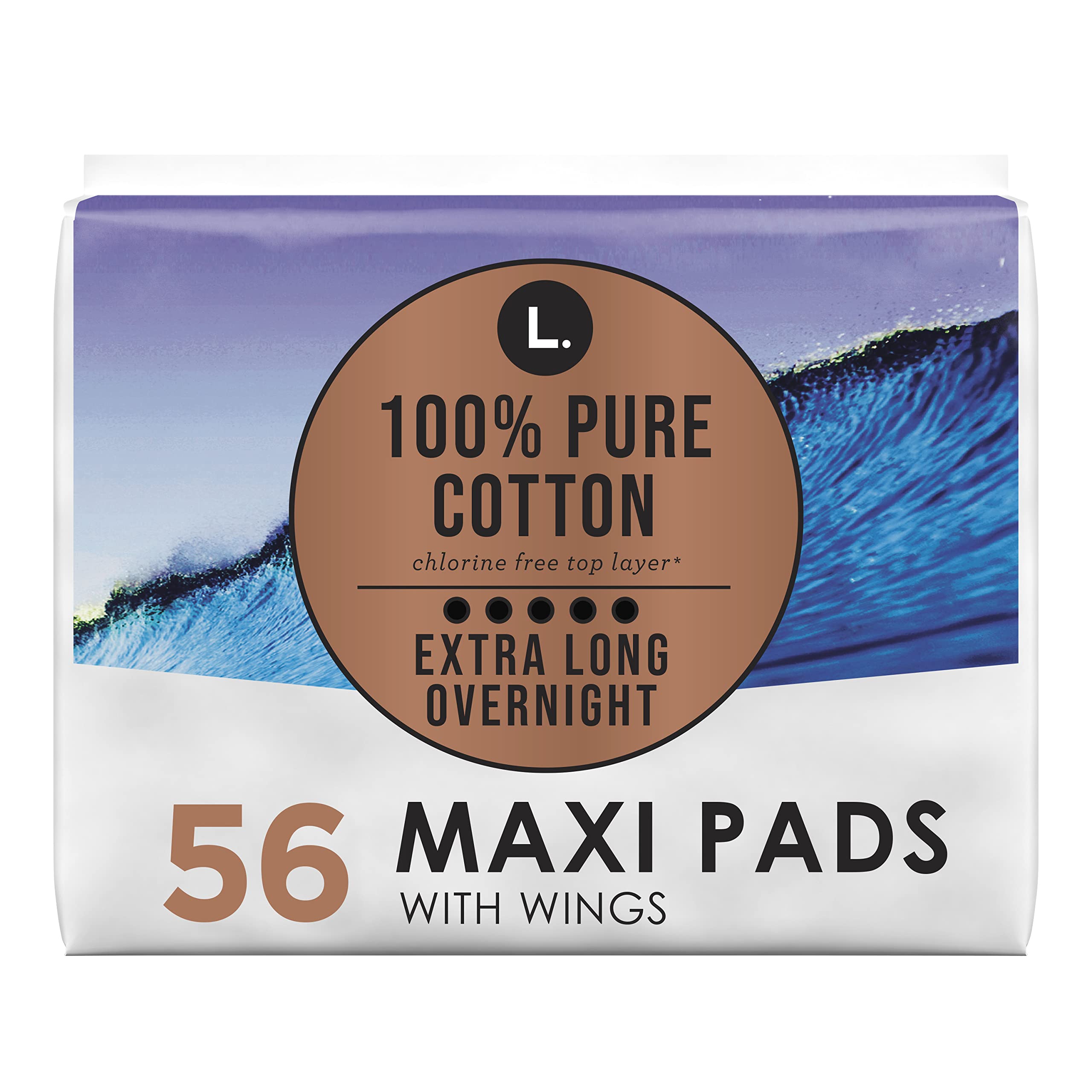 L. Organic Cotton Topsheet Extra Long Overnight Pads - 28 Count x 2 Packs (56 Count Total)