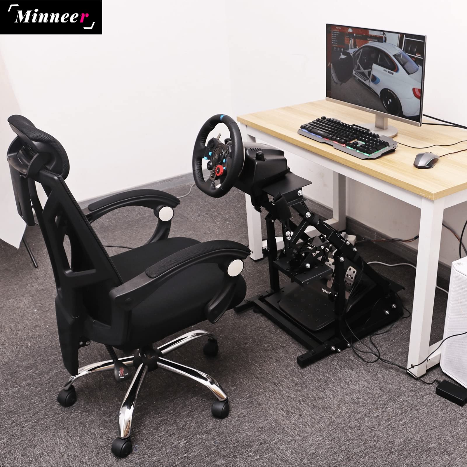 Minneer Simulator Driving Cockpit with Real Racing Chair Compatible with Logitech G25 G27 G29 G920 G923 Adjustable Racing Wheel Stand Frame 並行輸入品