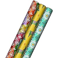 Hallmark Holiday Wrapping Paper with Cut Lines on Reverse (3 Rolls: 120 sq. ft. ttl) Teal, Yellow, Pink, Orange Patchwork and Donkeys for Christmas, Kwanzaa, Three Kings Day