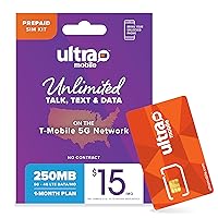 $15/mo. Ultra Mobile Prepaid Phone Plan with Unlimited International Talk, Text and 250MB of 5G • 4G LTE Data (SIM Card Kit)