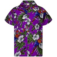 KING KAMEHA Funky Casual Hawaiian Shirt for Kids Boys and Girls Front Pocket Very Loud Shortsleeve Unisex Cherry Parrot Print