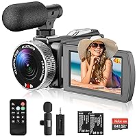 4K Camcorder, 48MP 60FPS Vlogging Camera with Wireless Microphone for YouTube, Ultra HD 3 Inch Flip Screen 18X Digital Zoom Video Recorder Camera with 64GB SD Card,Remote Control and 2 Batteries