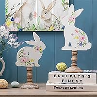 Glitzhome Set of 2 Hand Painted Easter Signs Wooden Bunny Table Decor, Multi-Color
