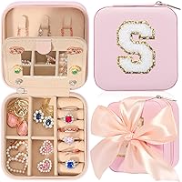 Travel Jewelry Case, Pink Travel Jewelry Box, Travel Jewelry Organizer, Travel Gifts for Women Girls, Jewelry Organizer Box, Birthday Gifts for Women, Christmas Gifts for Teens Girls - Initial S