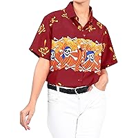 LA LEELA Women's Summer Hawaiian Dresses Button Up Tops Vintage Short Sleeve Caribbean Pirate Shirts Blouses for Women M Skull Crossbones, Blood Red
