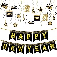 KatchOn, Happy New Year Hanging Swirls – Pack of 30 with Gold and Black Happy New Year Banner - 10 Feet | Happy New Year Backdrop for Happy New Year Decorations 2024 | New Years Eve Decorations 2024