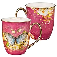 Christian Art Gifts Ceramic Coffee & Tea Mug 14 oz Large Inspirational Bible Verse Mug for Women: Be Still - Psalm 46:10 Lead-free Butterfly Mug with Gold Accents, Pink and Multicolor Floral