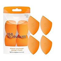 Real Techniques Miracle Complexion Sponge, Makeup Blender Sponge For Liquid & Cream Foundation, Light & Medium Coverage, Natural, Dewy Base Makeup, Mother’s Day Gift Set, Latex-Free Foam, 4 Count