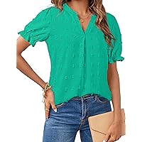 MEROKEETY Women's 2024 Summer V Neck Blouse Puff Sleeve Swiss Dot Business Casual Cute Shirts Tops