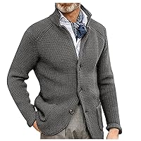 Mens Cardigan Sweater with Buttons Cable Knit Lapel Open Front Cardigan Solid Ribbed Warm Work Cardigan Sweaters