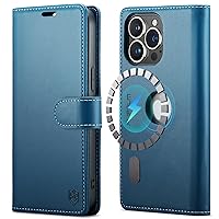 Magnetic Case Logo View for iPhone 14 Pro Max with RFID Blocking Credit Card Holder, [Compatible with MagSafe] Flip Shockproof Cover Women Men for iPhone 14 Pro Max Phone case (Blue)