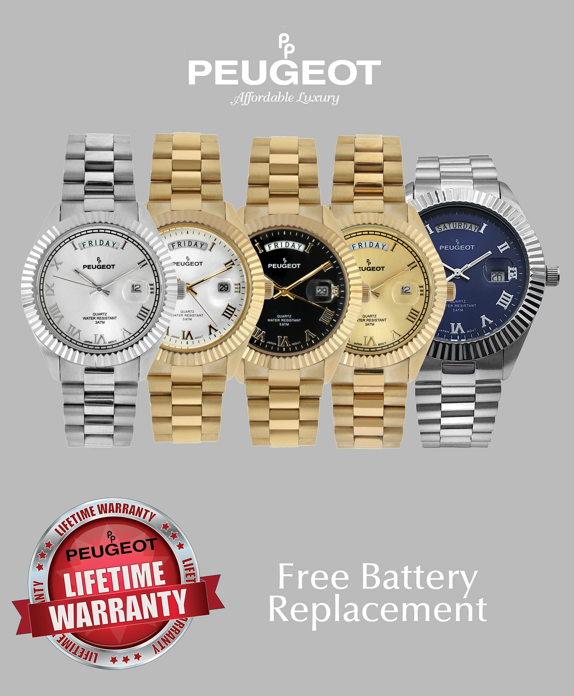 Peugeot 14K All Gold Plated Big Face Luxury Watch with Day Date Windows, Roman Numerals & Coin Edge Fluted Bezel Watch