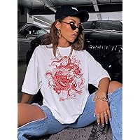 Women's T-Shirt Chinese Dragon Graphic Drop Shoulder Oversized Tee (Color : White, Size : Small)