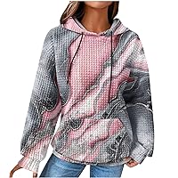 Fanteecy Women's Colorblock Pullover Sweatshirt Drawstring Floral Printed Waffle Hoodies Long Sleeve Tops with Pocket