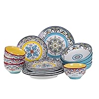 Zanzibar Double Bowl 16-Piece Dinnerware Set | Fine Kitchenware | Floral Multicolor Design Stoneware Tableware Service For 4