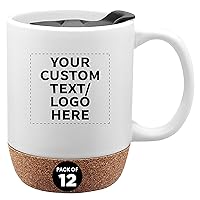 Custom Barista Ceramic Mugs with Cork Bottom 13 oz. Set of 12, Personalized Bulk Pack - Perfect for Coffee, Tea, Espresso, Hot Cocoa, Other Beverages - White