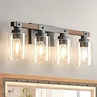 Amico Farmhouse Bathroom Vanity Light Fixtures,Rustic 4-Light Industrial Painted Wood Vanity Lights for Bathroom,Vintage Black Wall Sconces Bathroom Vanity Lighting with Bubble Glass Shade