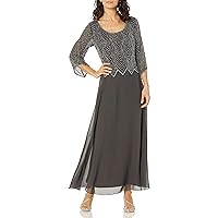 J Kara Women's Petite Long Dress with Beaded Scoop Neck Top with 3/4 Sleeves and Back Zipper