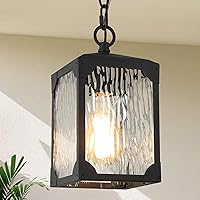 Outdoor Pendant Light Fixture, Farmhouse Exterior Hanging Lights with Adjustable Chain, Black Ceiling Outdoor Light with Water Ripple Glass, Anti-Rust Lantern for Front Door, Entry, Porch, and Gazebo