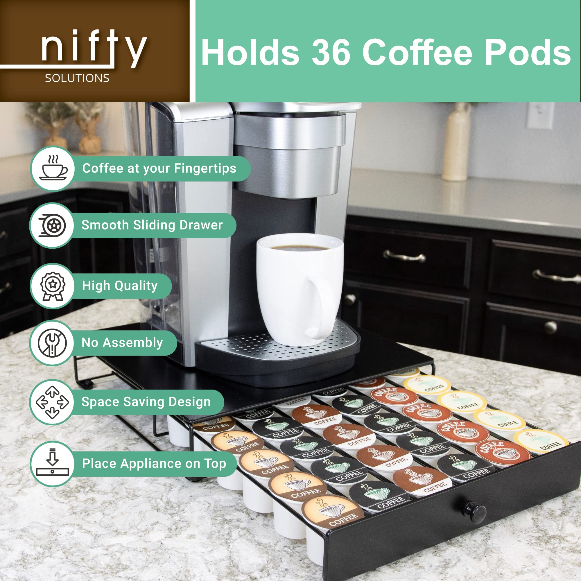 Nifty Coffee Pod Drawer – Compatible with K-Cups, 36 Pod Pack Holder, Non-Rolling, Compact Under Coffee Pot Storage Sliding Drawer, Home Kitchen Counter Organizer, Black