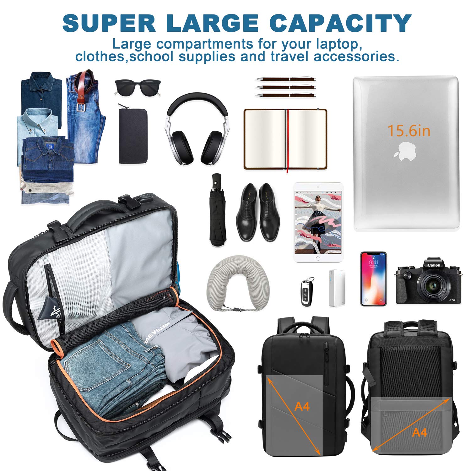 Travel Backpack,WUAYUR 15.6inch Laptop Backpack w/USB Port,40L Carry On Luggage