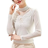 Women's Mesh Tops Half Tallneck Long Sleeve Fashion Sexy Hollow Out Rhinestone Floral Embroidery Elegant Work Shirts