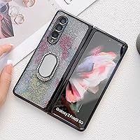 for Samsung Galaxy Z Fold 3 5G Case, Luxury Plating Case with Ring Kickstand & Makeup Mirror, 3D Handmade Sparkle Crystal Diamond Glitter Hard PC Phone Case for Z Fold 3 Women Girls Gray