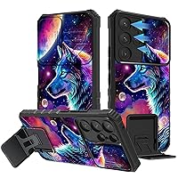 for Samsung Galaxy S23 Ultra 5G Case, Galaxy S23 Ultra Case with Slide Camera Cover, Dual Layer Built-in Kickstand Phone Case for Samsung S23 Ultra 5G, Colorful Wolf