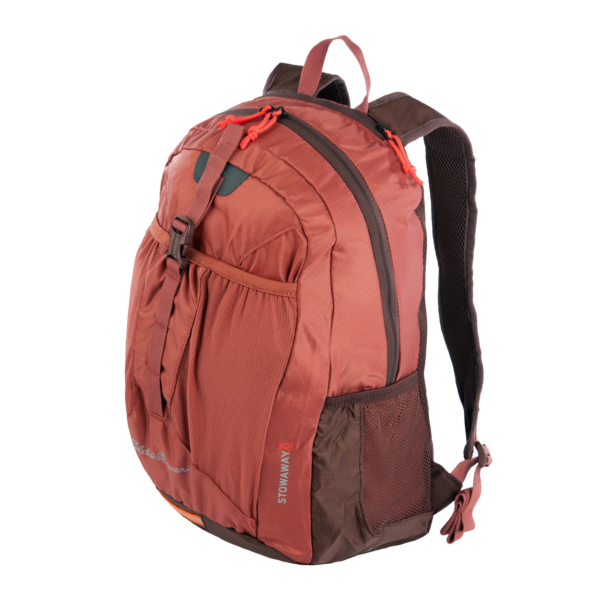 Eddie Bauer Stowaway Packable Backpack 30L with Water Resistant Finish and 2 Mesh Side Pockets, Maroon, One Size