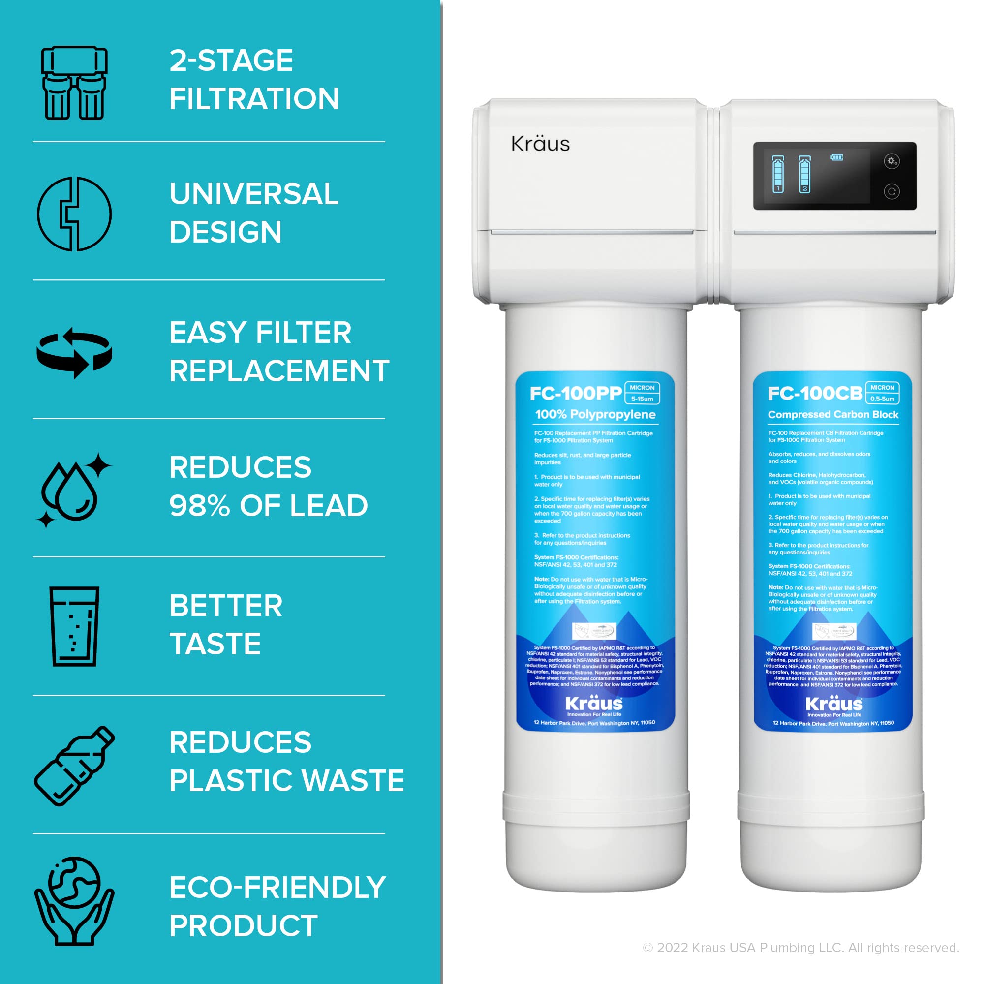 KRAUS Purita 2-Stage Carbon Block Under-Sink Water Filtration System with Digital Display Monitor, FS-1000, White