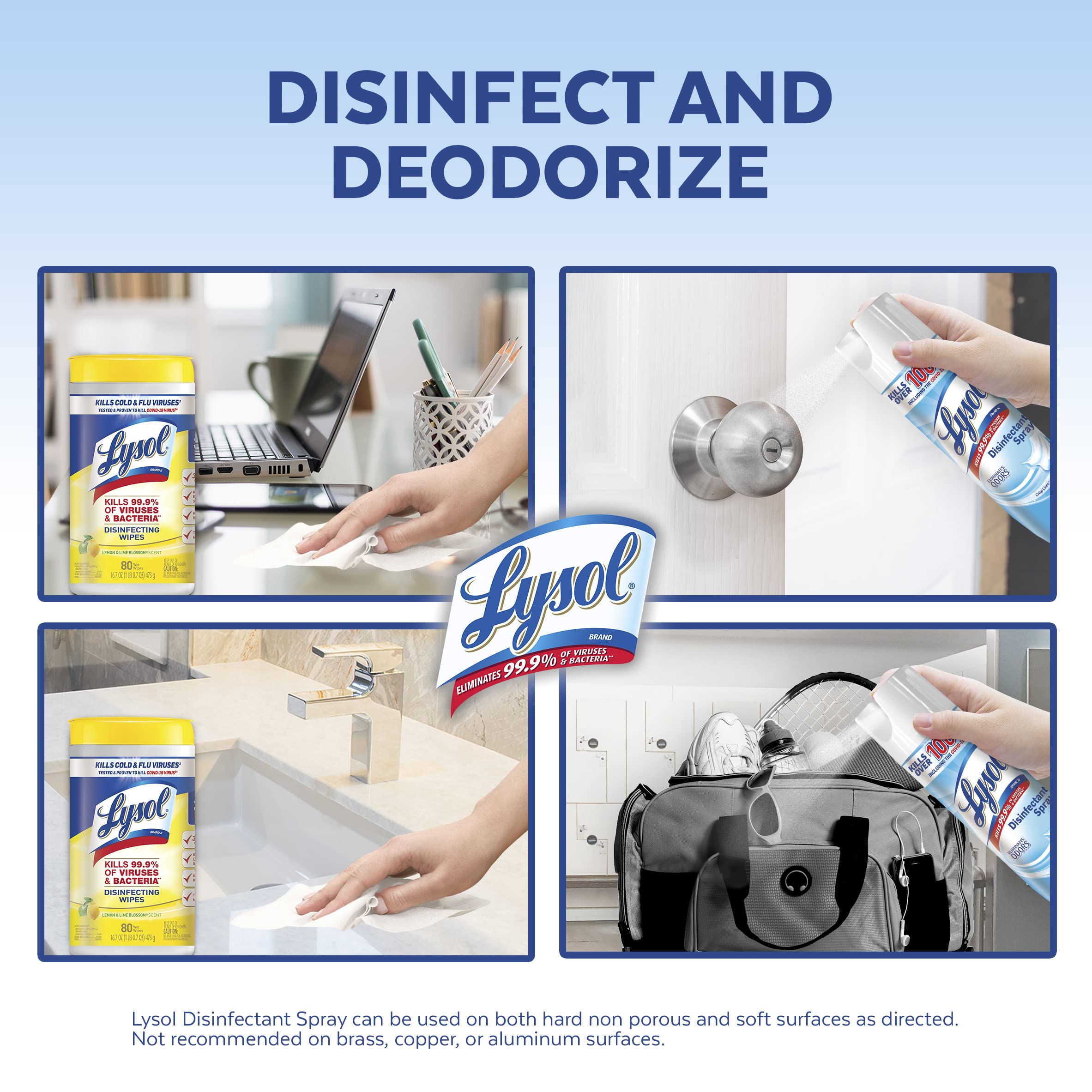 Lysol Disinfectant Multi-Surface Cleaning Wipes, Lemon and Lime Blossom, 80 Count (Pack of 4) Sanitizing Spray, Crisp Linen, 19 Fl Oz Each 2)