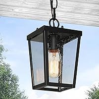 Outdoor Pendant Lights for Porch, Black Farmhouse Outdoor Pendant Light Fixture with Seeded Glass, Modern Trapezoid Exterior Ceiling Hanging Lantern Light Fixtures