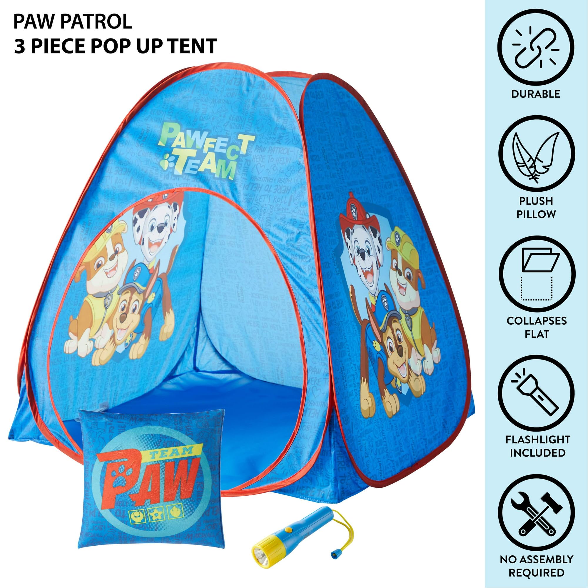 Nickelodeon Paw Patrol 3 Piece Slumber Set with Kids Indoor Outdoor UPF 30+ Pop Up Play Tent with Pillow and Flashlight