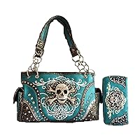 western rhinestone skull concho stitched handbag purse set (blue)