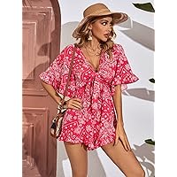 Fall Dresses for Women 2023 Floral Print Tie Front Flounce Sleeve Romper Dresses for Women (Color : Multicolor, Size : Small)