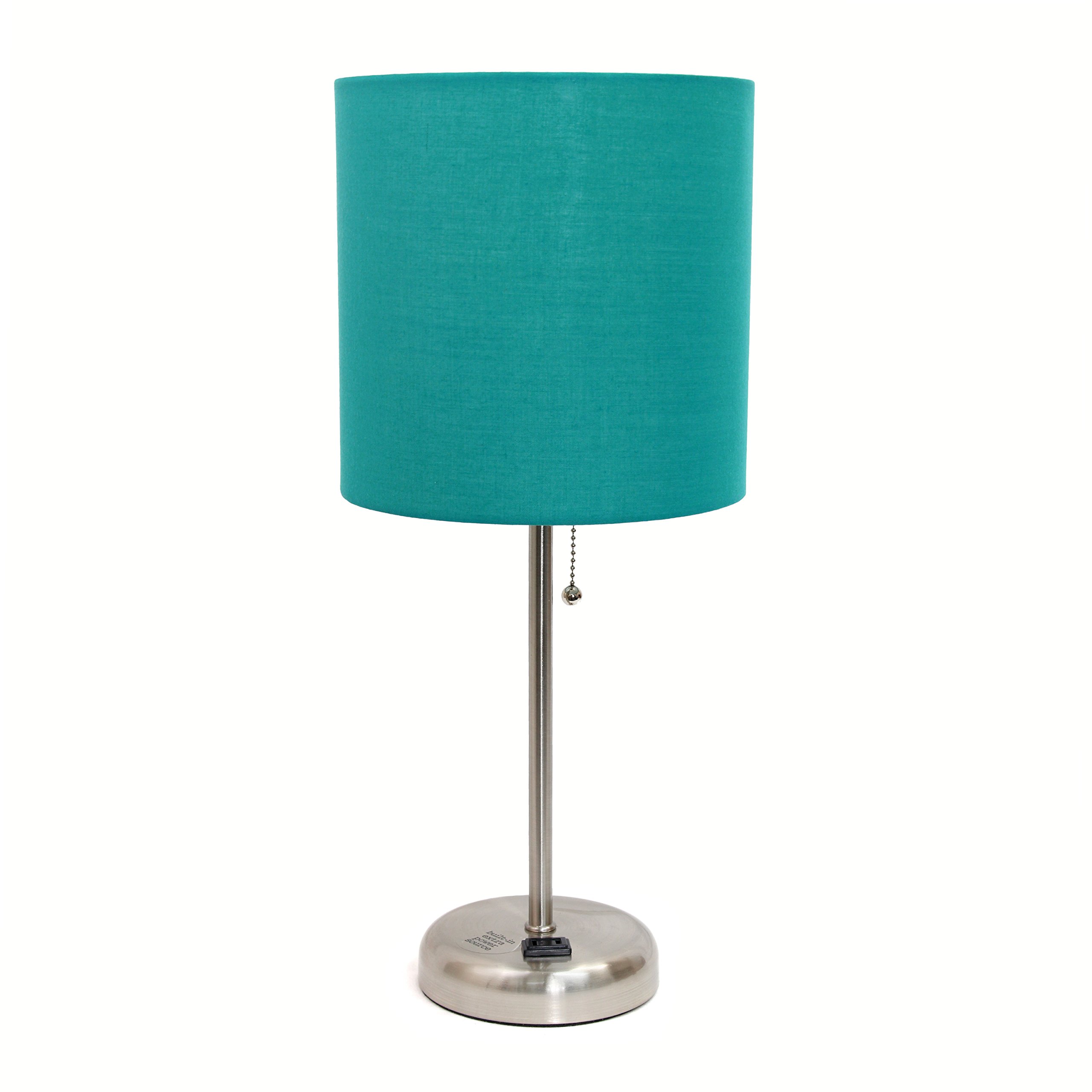 Limelights LT2024-TEL Stick Charging Outlet and Fabric Table Lamp, 19.50 x 8.50 x 8.50 inches, Brushed Steel Base/Teal Shade