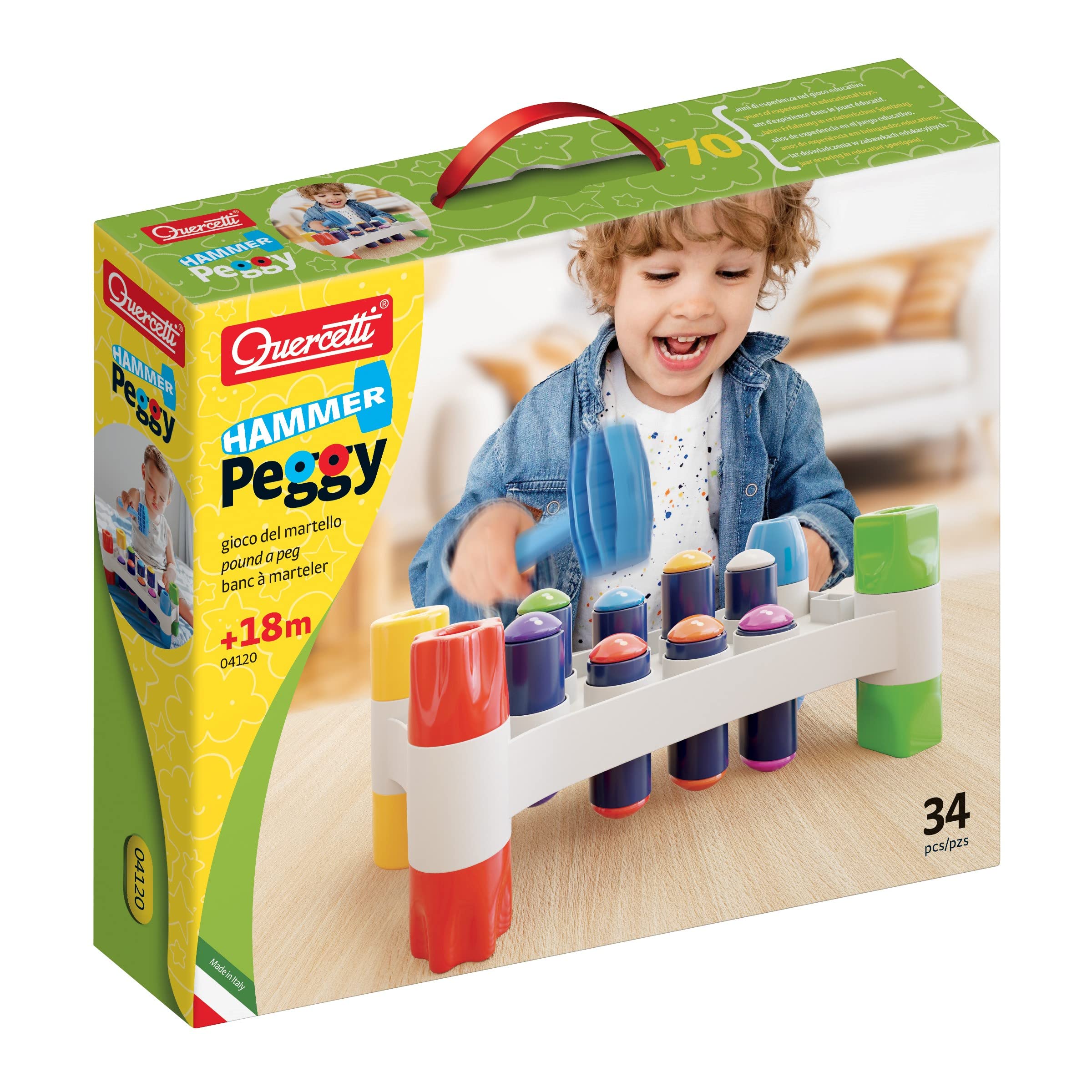 Quercetti Hammer Peggy Toy Pounding Bench for Toddlers - with 8 Colorful Pegs and Two Ways to Build and Play to Support Early Learning and Fine Motor Skills Development, for ages 18 months and up