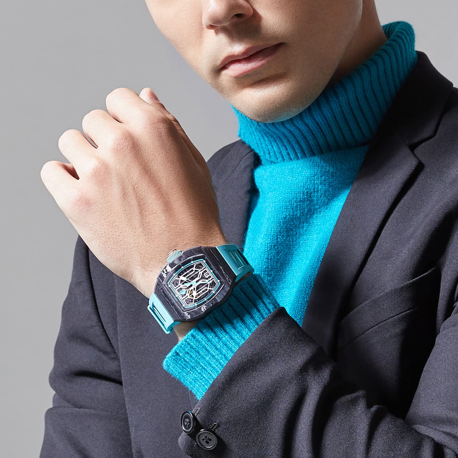 DAVIS ELVIN Global Popular Men's Wristwatch Birthday Gift Surprise for Men Tonneau Design Wrist Watch Swiss Automatic Movement Mechanical Watch Carbon Fiber Gentleman Watch-DR05-1